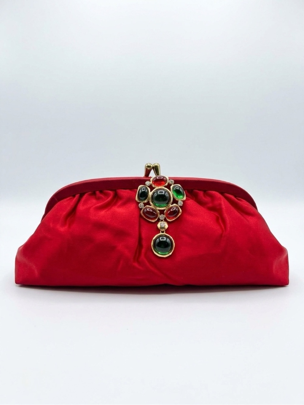 VTG Silk Evening Kisslock Clutch w/ added Jewel Accent, red/green, 10.5x5.5